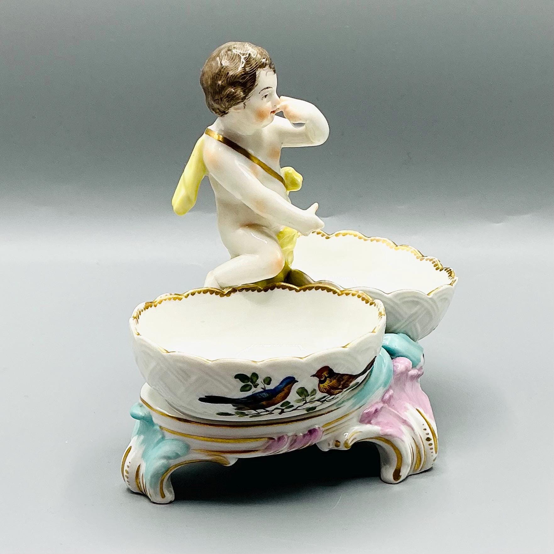 アンティークKPM磁器製塩皿、ロココ様式、二重天使模様、19世紀