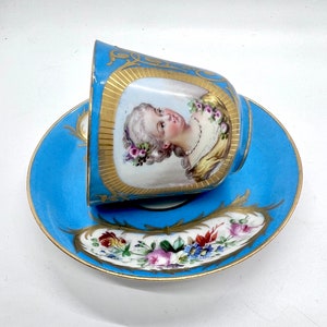 Antique Sevres Porcelain Cup & Saucer Set: Hand-Painted Portrait, Vincennes Mark, c.1775