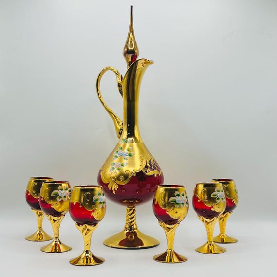 Murano Decanter Set: Ruby Red Liquor Glasses, 24k Gold Enamel