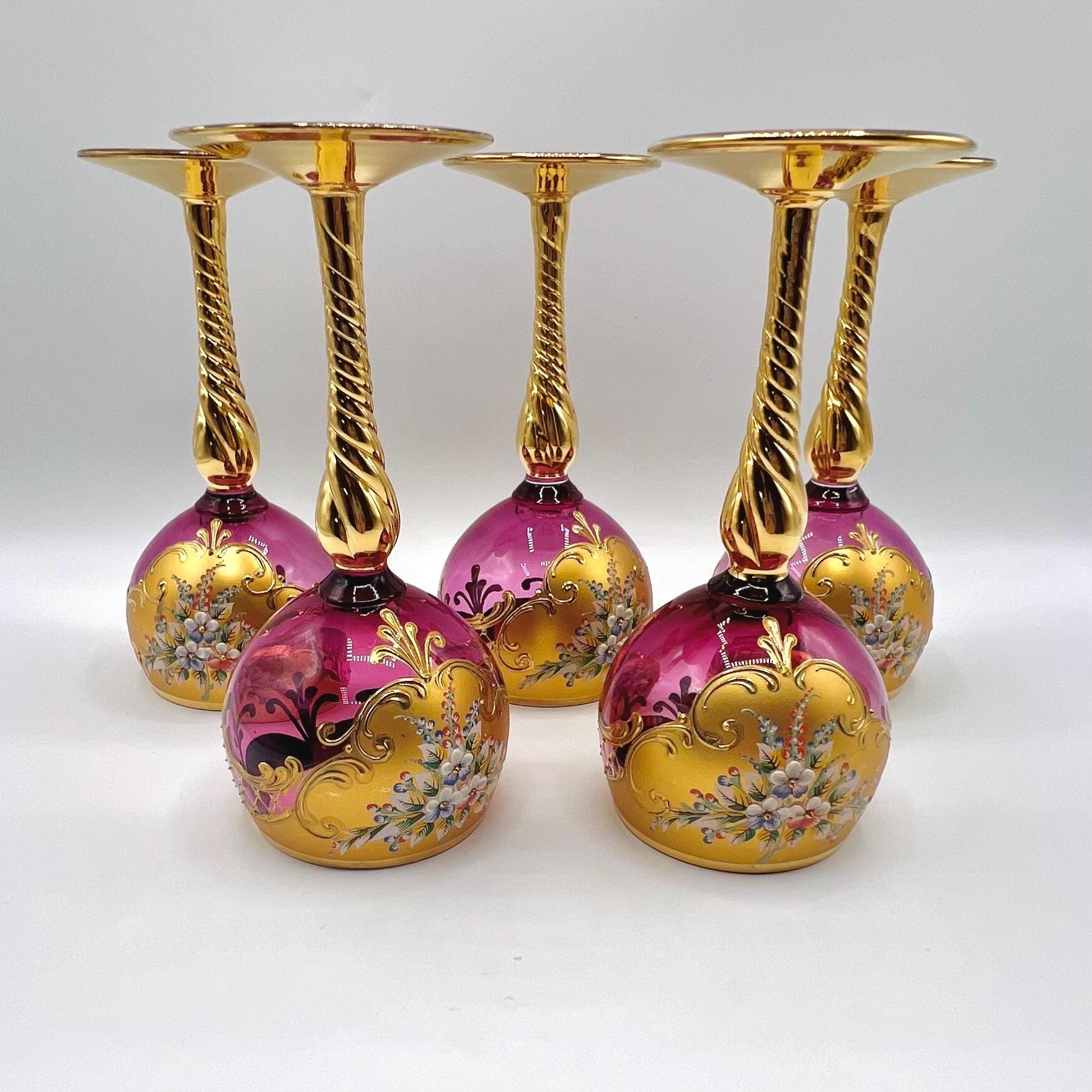 CATERINA MURANO GLASS JEWELS セット【B349】 Wine Glass Set of 6 CC ZECCHIN MURANO, Rainbow Swirl Pattern