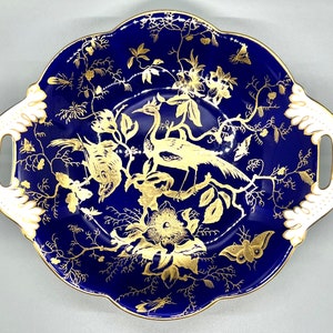 VINTAGE Coalport Porcelain Plate serving Dish -English Bone Fine Dark Blue Twin Handled plate