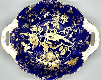 VINTAGE Coalport Porcelain Plate serving Dish -English Bone Fine Dark Blue Twin Handled plate