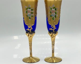 ムラーノガラス シャンパンフルート ブルー ハンドペイント ライト