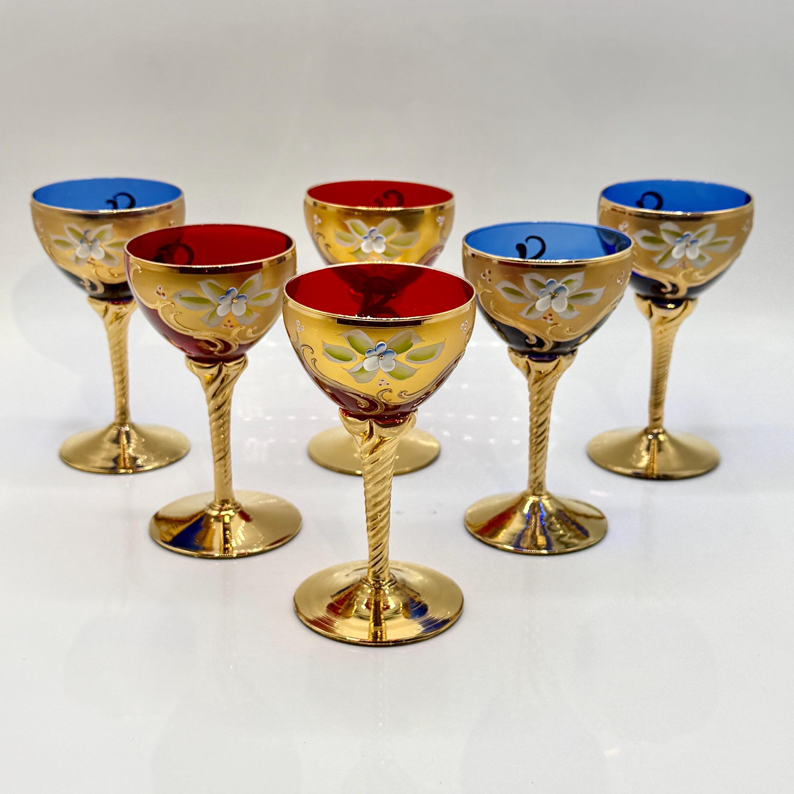 Set of 6 Murano Style Coupe Glasses, Hand-painted Flowers, 24k