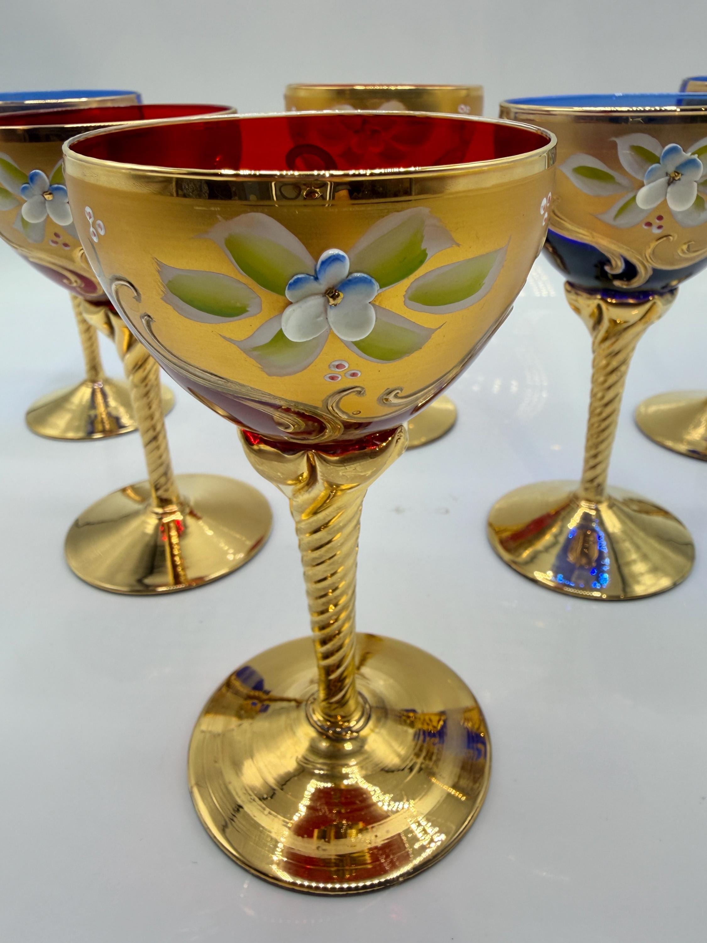 ムラーノスタイルのクーペグラス6個セット、手描きの花柄、24金箔装飾