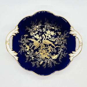 VINTAGE COALPORT DISH | Coalport Cairo plate | Coalport serving Dish | Blue Gilded porcelain dish | Vintage porcelain Twin Handled dish