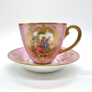 Antique Sevres Style Pink Porcelain Demitasse Cup and Saucer: Handpainted 18th Century Teaset
