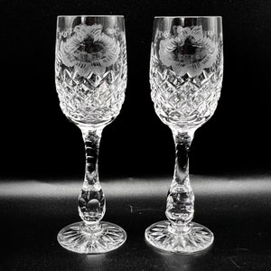 Vintage Brierley Hill Lead Crystal Champagne Flutes: Hand-Cut Floral Design