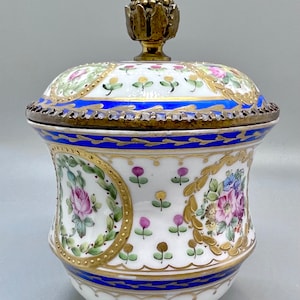 Antique Sevres Style Porcelain Bowl: French Hand-Painted Lidded Pot