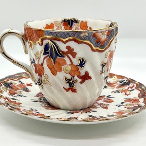 Antique Imari Teacup and Saucer: Handpainted English China, c1875