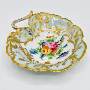 LE TALLEC PARIS Französische Porzellanschale, Blattschale, dekorative französische handbemalte Blumen & Vergoldung c1946, Sammlerstück, Geschenkidee