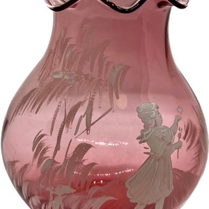 Antique Cranberry Glass Vase: Victorian Mary Gregory Handpainted Vase