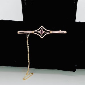 Edwardian 9CT Rose Gold Amethyst Seed Pearl Brooch: Antique Pin