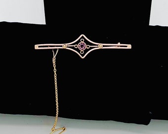 Edwardian 9CT Bar Brosche, antike Rose Gold Amethyst Rocailles Schmuck