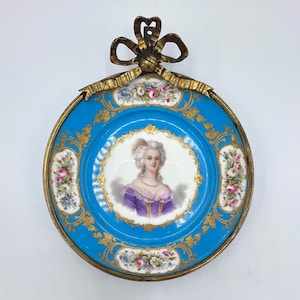 SEVRES Porcelain PORTRAIT Plate, Antique French Hand Painted  Marie Antoinette gilded wall hanging plate, bronze mounted, marked c1872