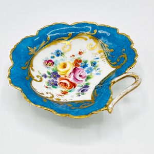 Vintage Le Tallec Paris Porzellanschale, Blattschale, dekorative französische handbemalte Blumen & Vergoldung c1946, Sammlerstück, Geschenkidee