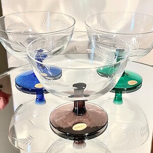 VINTAGE CHAMPAGNE COUPE glasses | 3 Handblown Colored Etched Glass Short stemmed Champagne saucers | Vintage cocktail glasses
