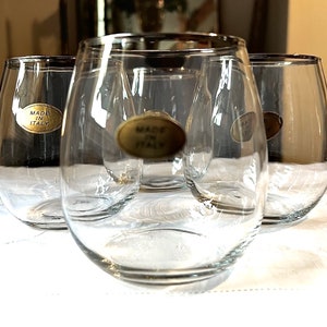 VINTAGE Silver Rim Whiskey Tumblers, Set of 4 Italian Hand Blown Mid Century Round Roly Poly Glasses for Gin, Water, or Cocktails