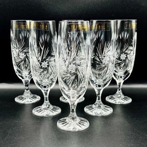 VINTAGE CHAMPAGNE FLUTES Bohemian Lead Crystal Glasses, 24% PbO, Set of 6, Hand-Cut Starburst Pinwheel, Pattern, Mint Condition