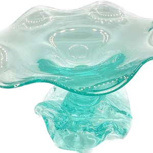 LARGE Vintage GLASS BOWL, Hand blown Azure blue Pedestal Glass Fruitbowl, Freeform Art Glass Centerpiece, Width 30cm - 4.2 kg  Table decor