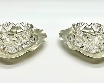 Antique Crystal Salts | Antique Pair of silver salts | Antique Crystal Salt dishes | Silver plated Salts | heartshaped dishes