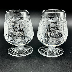 Vintage Cut Crystal Brandy Glasses: Star Cut Base, Mid-Century Barware