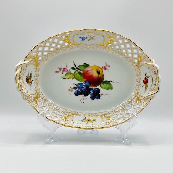 Antique Meissen Porcelain Pierced Tray: Hand-painted Fruit