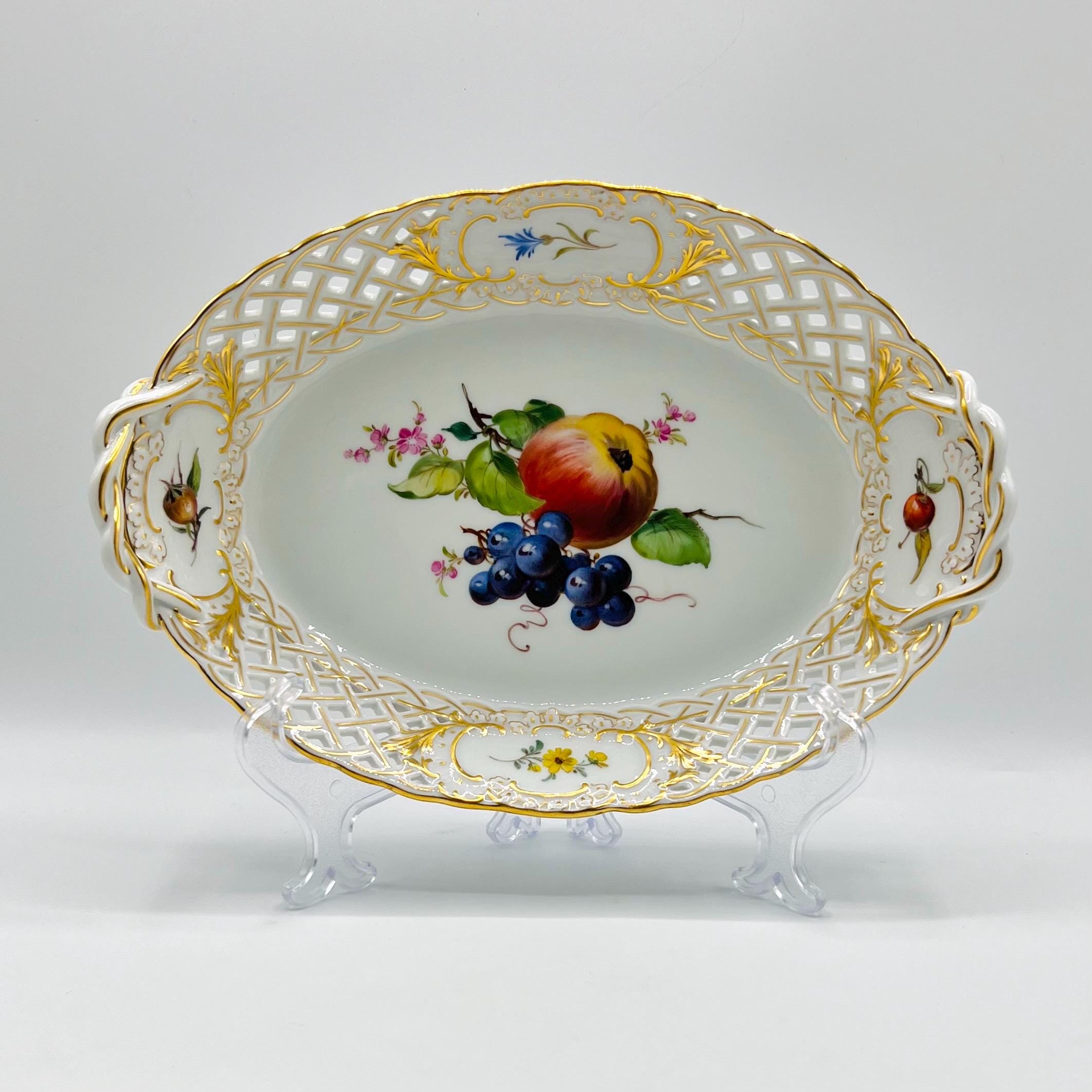 Antique Meissen Porcelain Pierced Tray: Hand-painted Fruit