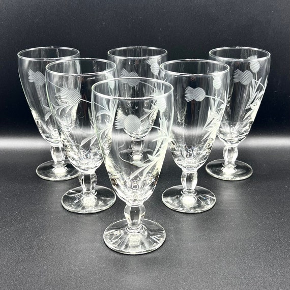 Vintage Thistle Etched Glasses, Wine, Water Fluted Goblet or 