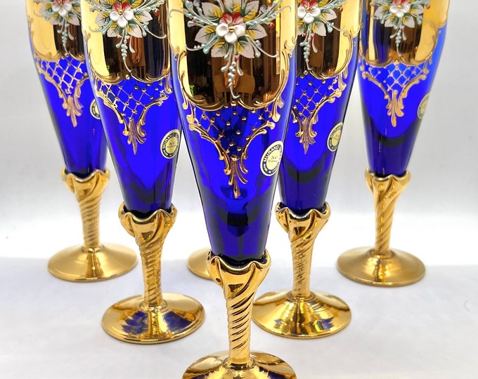 VINTAGE MURANO Champagne FLUTE Glasses Murano Salvadori Tre Fuochi 24k