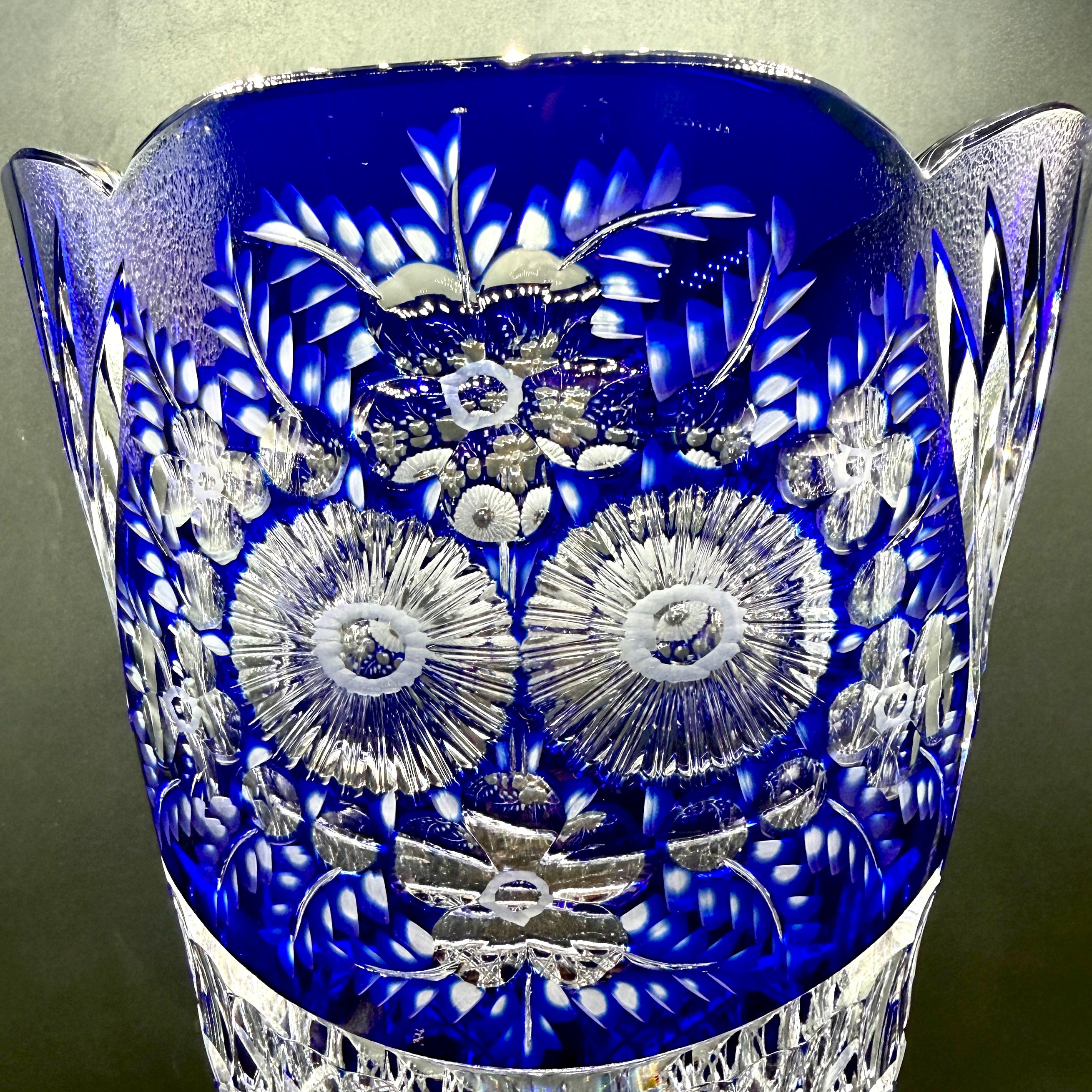 Meissner Crystal Vase: Tall Cobalt Blue Cut-to-clear Hand-engraved