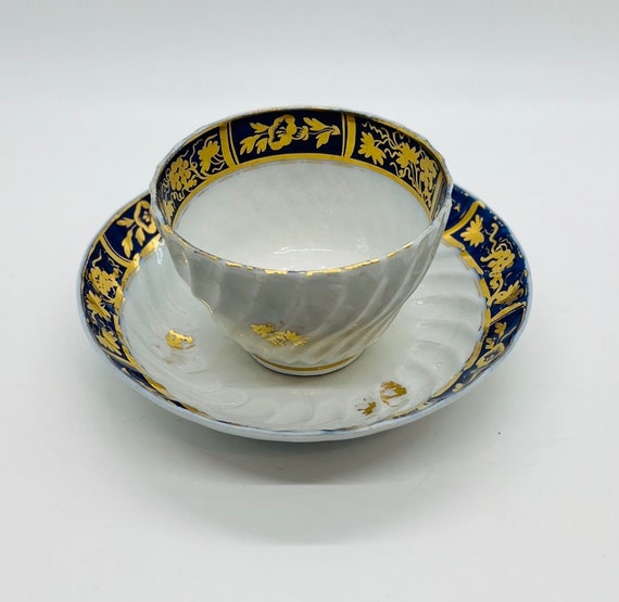 Antique Worcester Tea Cup & Saucer: Cobalt Blue Gilt Porcelain