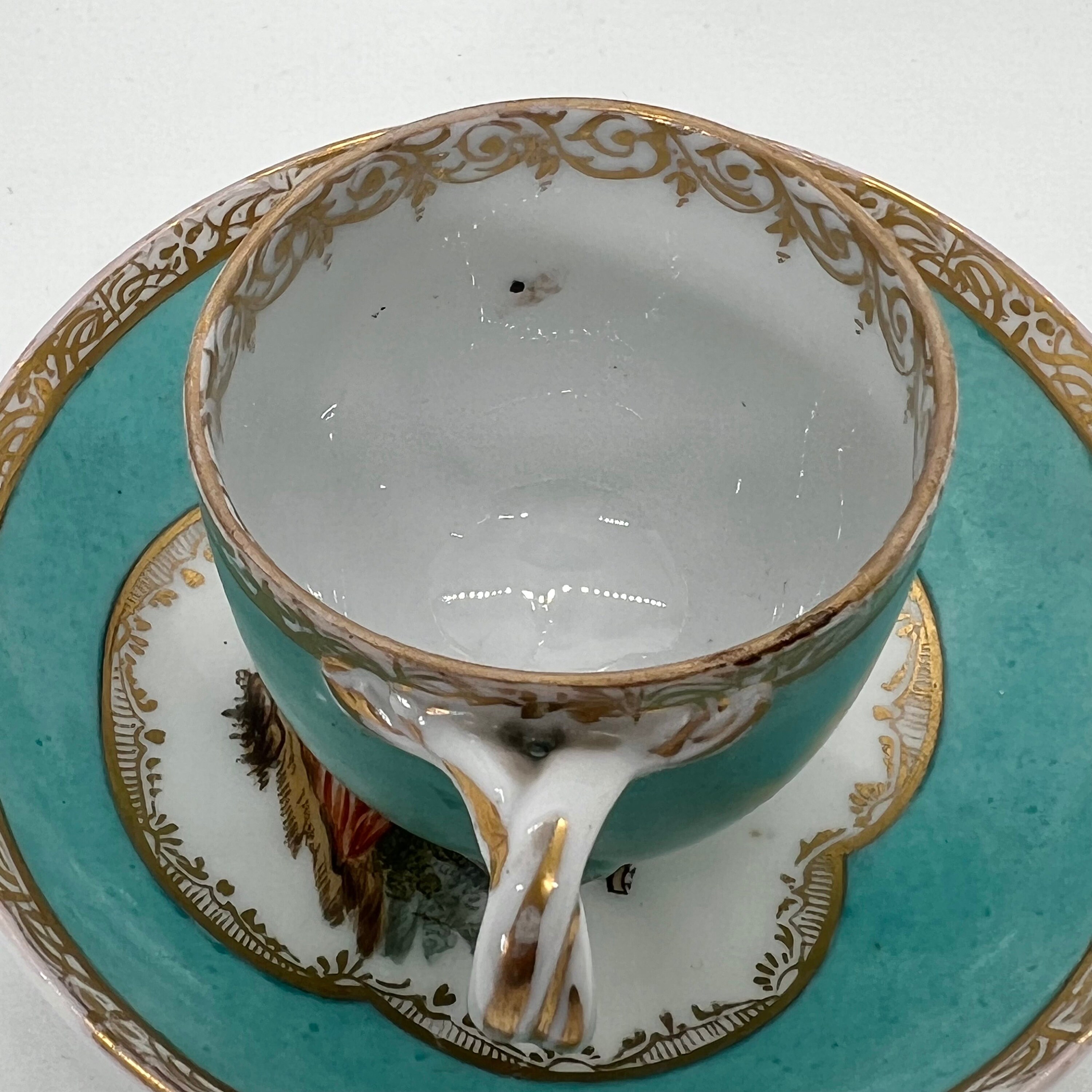 Antique Meissen Cup & Saucer: Handpainted Watteau Scene, Gilded