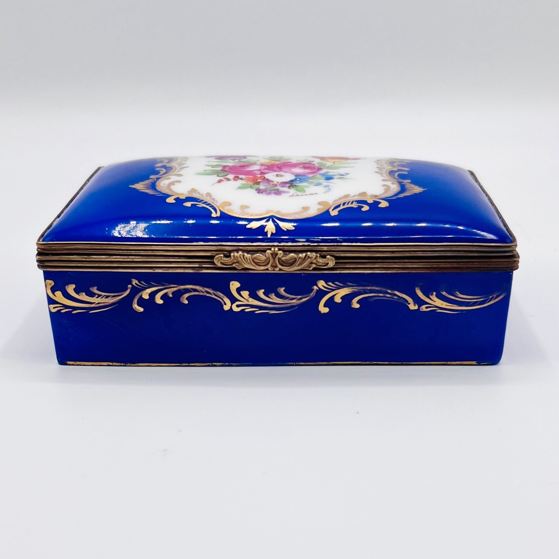 Large Porcelain Jewellery Box: Handpainted Floral Cobalt Blue