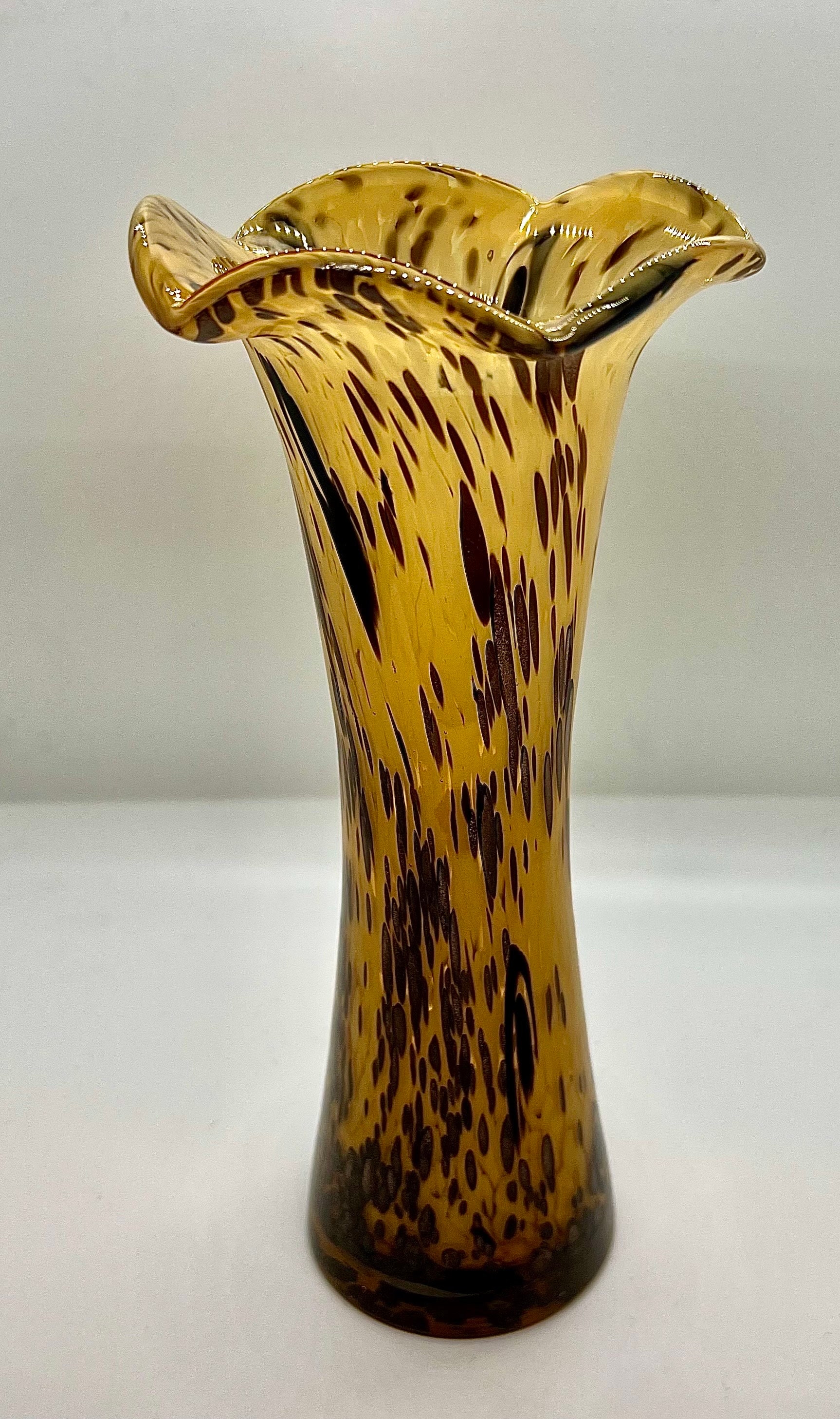 GLASS ART VASE Vintage Amber Glass Vase Copper Spatter Vase Mid Century