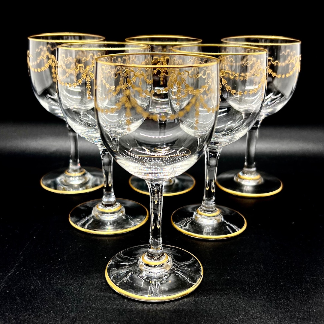 Vintage Cordial Glasses, Gold Rimmed, Baccarat Style Gilded Swags