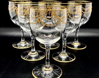 Vintage cordial glasses, gold rimmed, Baccarat style gilded swags, handblown toasting glasses, 11 cm height