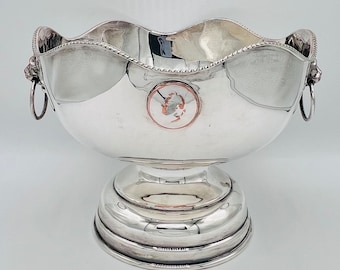 Large Georgian Style Silver-Plated Bowl: Lion Mask Handles, Pedestal Fruit Bowl