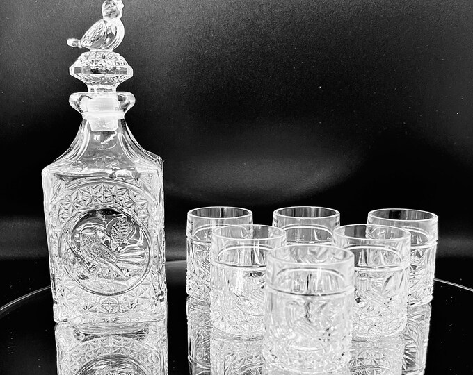 Vintage Decanter Set, 6 Shot Glasses Hofbauer Bird Collection Lead