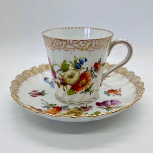 Antique Dresden Porcelain Cup and Saucer: Handpainted Floral Sprays, c1890