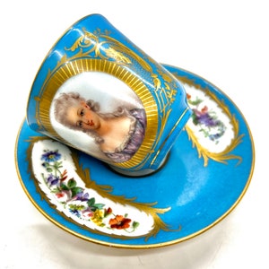 ANTIQUE SEVRES PORCELAIN Cup & Saucer, Handpainted Portrait Celeste blue Sevres, signed Vincennes mark c1775