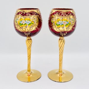 Vintage Ruby Red Murano Wine Glasses: 24k Gold Leaf & Enamel Flowers, Set of 2