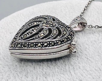 Vintage Marcasite Silver Heart Locket,  Large Heart shaped Locket pendant & chain, Sterling silver ornate open work pendant, Gift for her