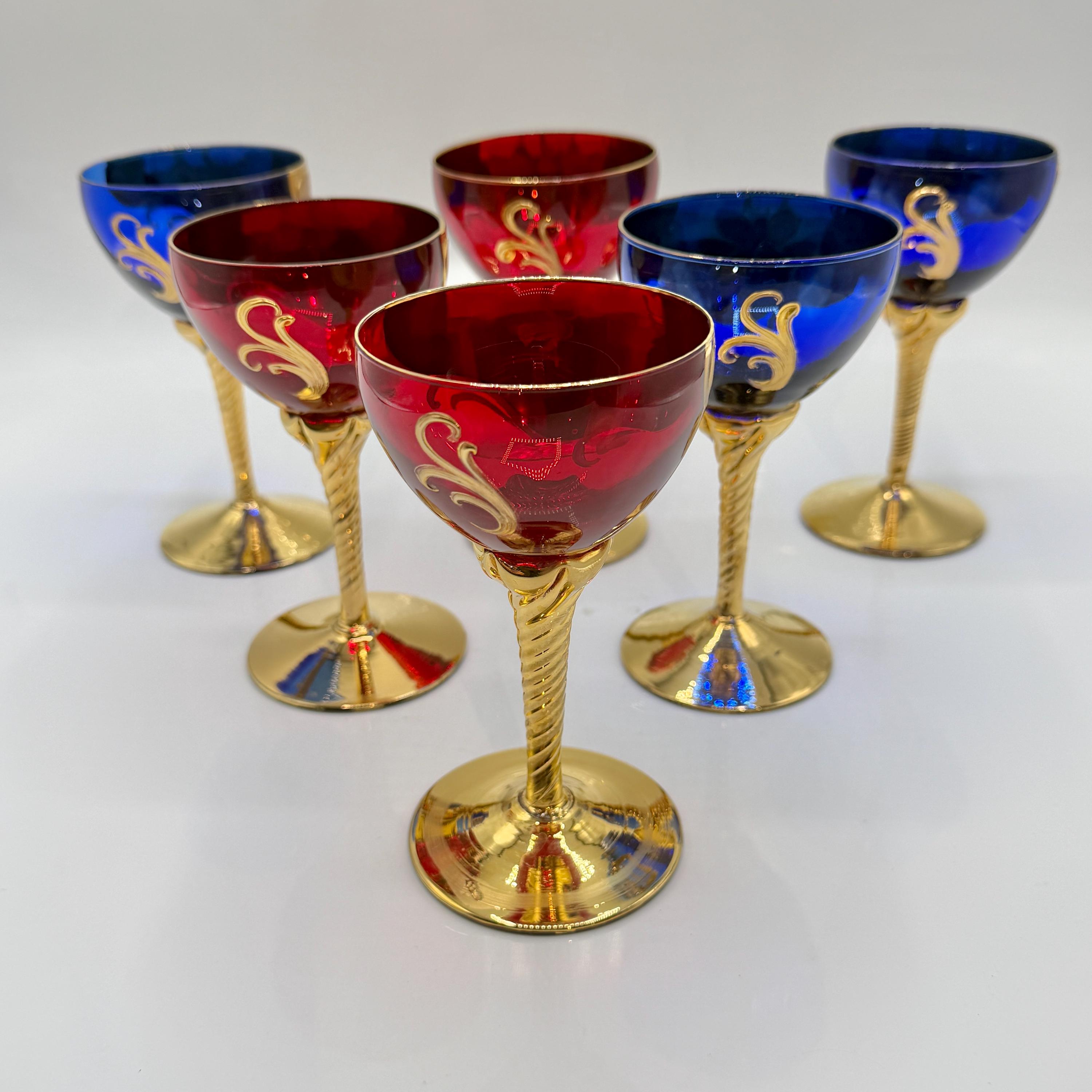 Set of 6 Murano Style Coupe Glasses, Hand-painted Flowers, 24k