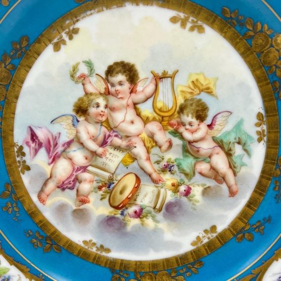 Sevres Porcelain Charger Plate: Gilded Putti Scene, Blue Celeste