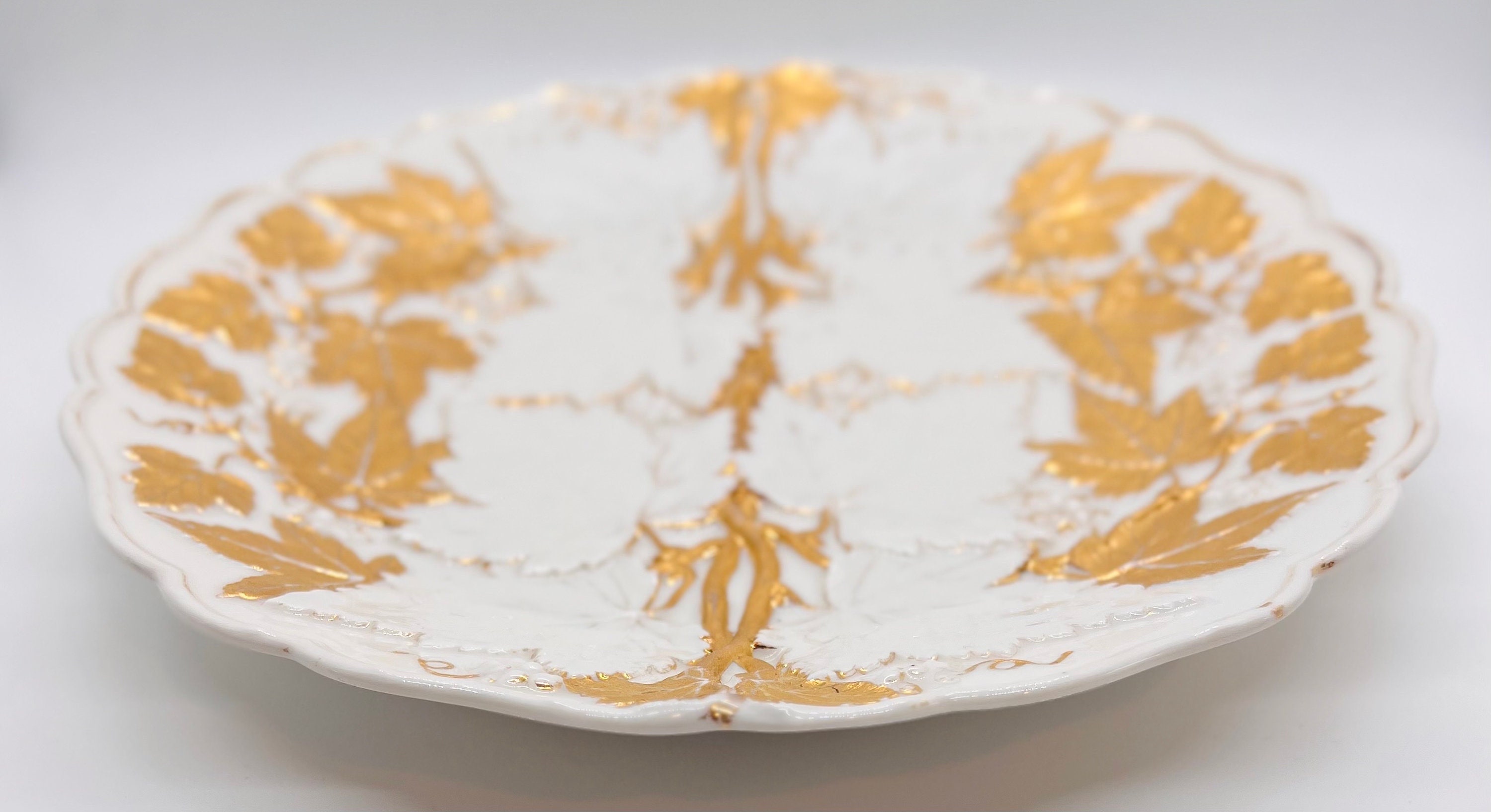 Meissen Porcelain Plate: Vine Relief & Gold Leaf Gilded Cabinet