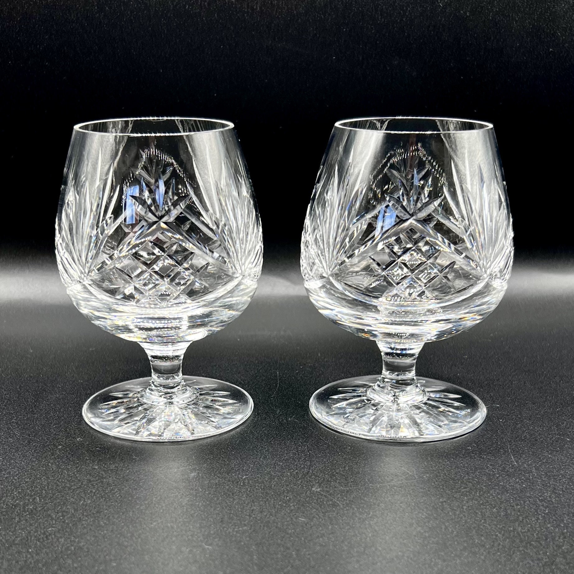 EDINBURGH CRYSTAL Brandy Glasses, 2 Vintage cut crystal small balloon glasses, Sutherland pattern, diamond cut, Signed - Giff for him