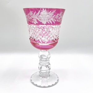 Vintage Boho Kristallweinglas, geätzter Weinkelch, Bernstein, Pink, Kastanienbraun, Lila, Blau gefärbtes Weinglas, sehr schweres 514 Gramm pro Glas