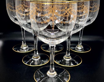 Vintage wine glasses, Baccarat style gold gilded swag decorated wine glasses, 16 cm tall, wedding toasting glasses