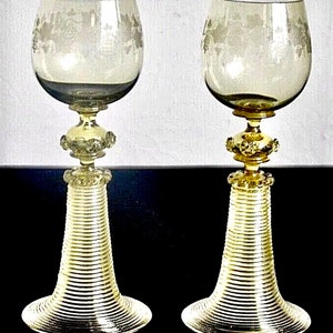Vintage Roemer Hock Wine Glasses: Etched Amber Citrine, Set of 2